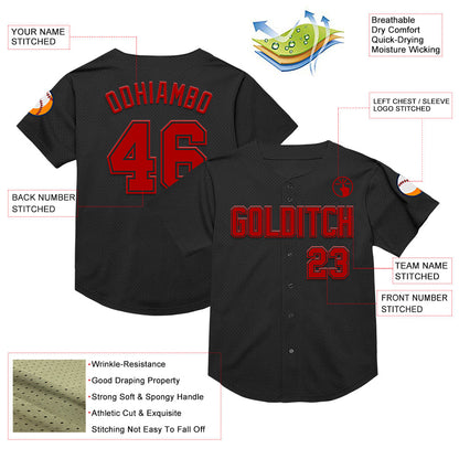 Custom Black Red Mesh Authentic Throwback Baseball Jersey - Sky-Custom