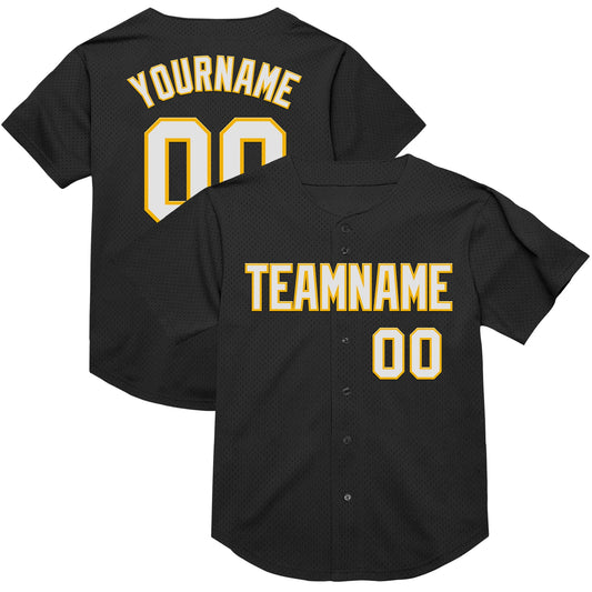 Custom Black White-Gold Mesh Authentic Throwback Baseball Jersey - Sky-Custom