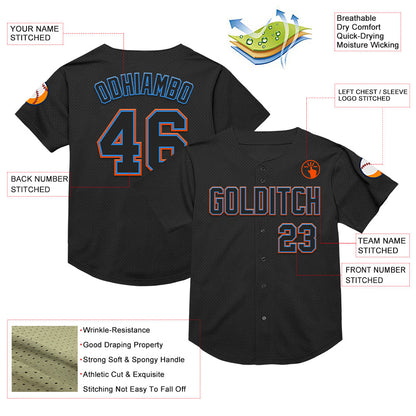 Custom Black Electric Blue-Orange Mesh Authentic Throwback Baseball Jersey - Sky-Custom