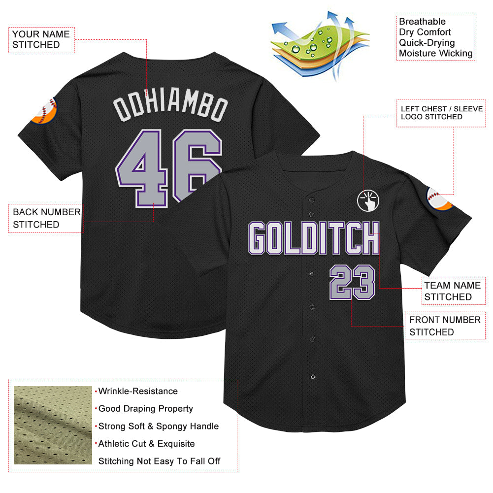 Custom Black Gray-Purple Mesh Authentic Throwback Baseball Jersey - Sky-Custom