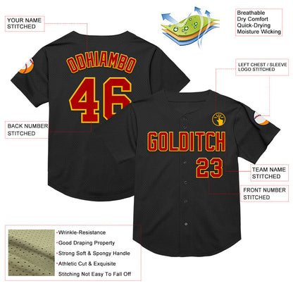 Custom Black Red-Gold Mesh Authentic Throwback Baseball Jersey - Sky-Custom