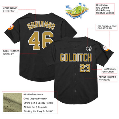 Custom Black Old Gold-White Mesh Authentic Throwback Baseball Jersey - Sky-Custom