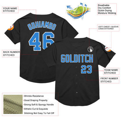 Custom Black Electric Blue-White Mesh Authentic Throwback Baseball Jersey - Sky-Custom