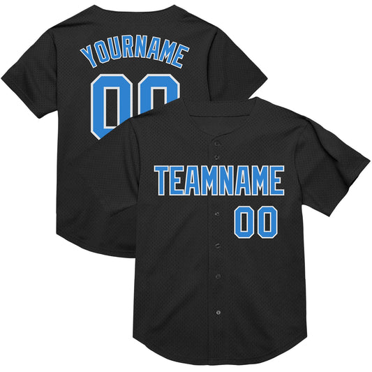 Custom Black Electric Blue-White Mesh Authentic Throwback Baseball Jersey - Sky-Custom