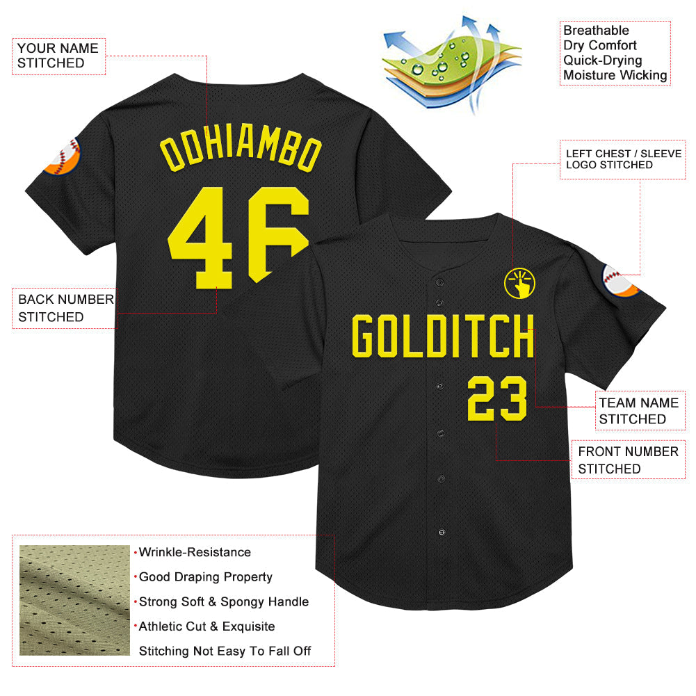 Custom Black Light Yellow Mesh Authentic Throwback Baseball Jersey - Sky-Custom