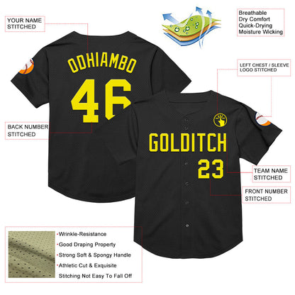 Custom Black Light Yellow Mesh Authentic Throwback Baseball Jersey - Sky-Custom