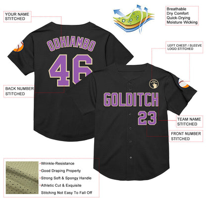 Custom Black Medium Purple-Cream Mesh Authentic Throwback Baseball Jersey - Sky-Custom