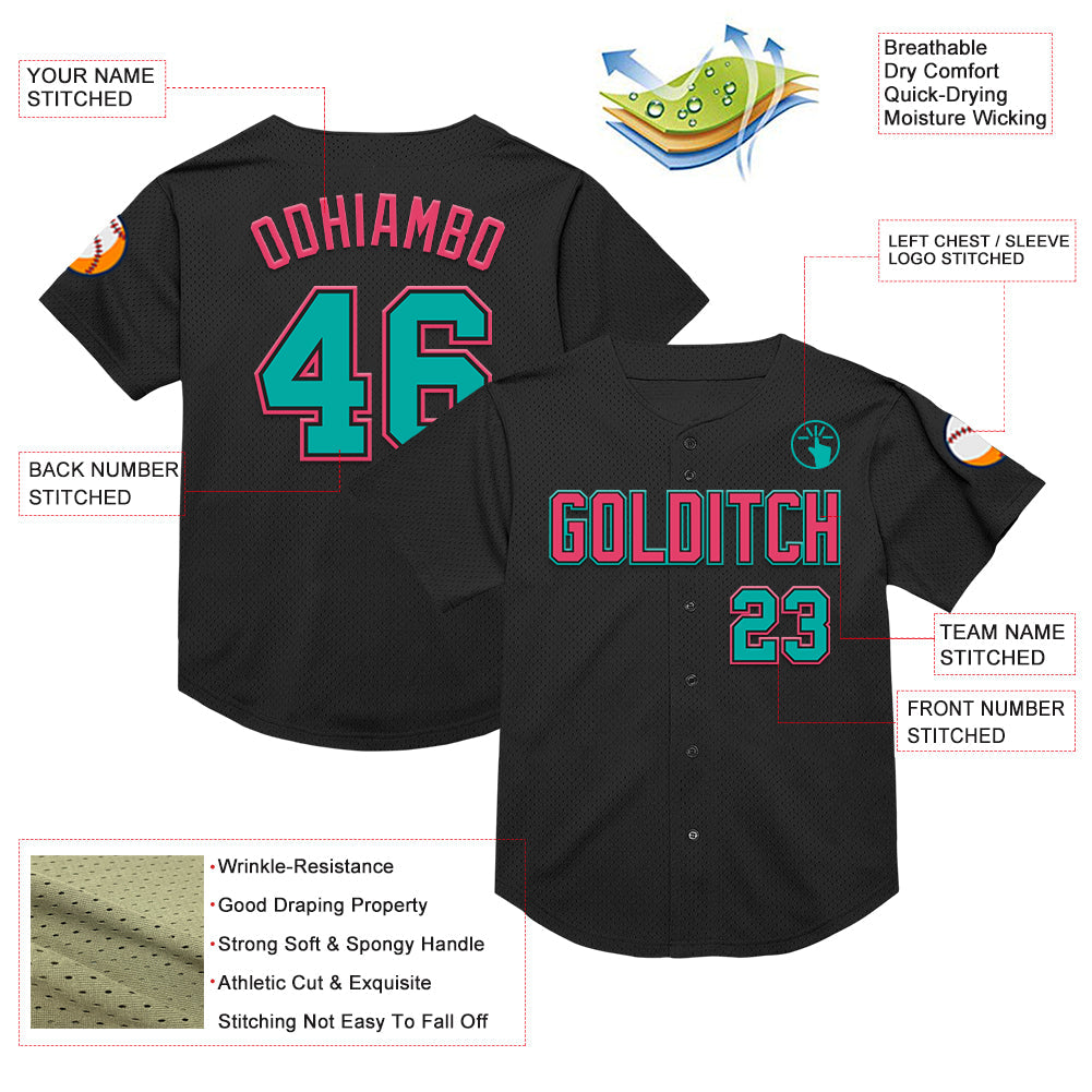 Custom Black Aqua-Neon Pink Mesh Authentic Throwback Baseball Jersey - Sky-Custom