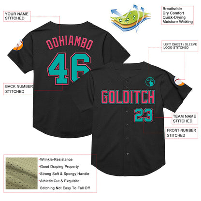 Custom Black Aqua-Neon Pink Mesh Authentic Throwback Baseball Jersey - Sky-Custom