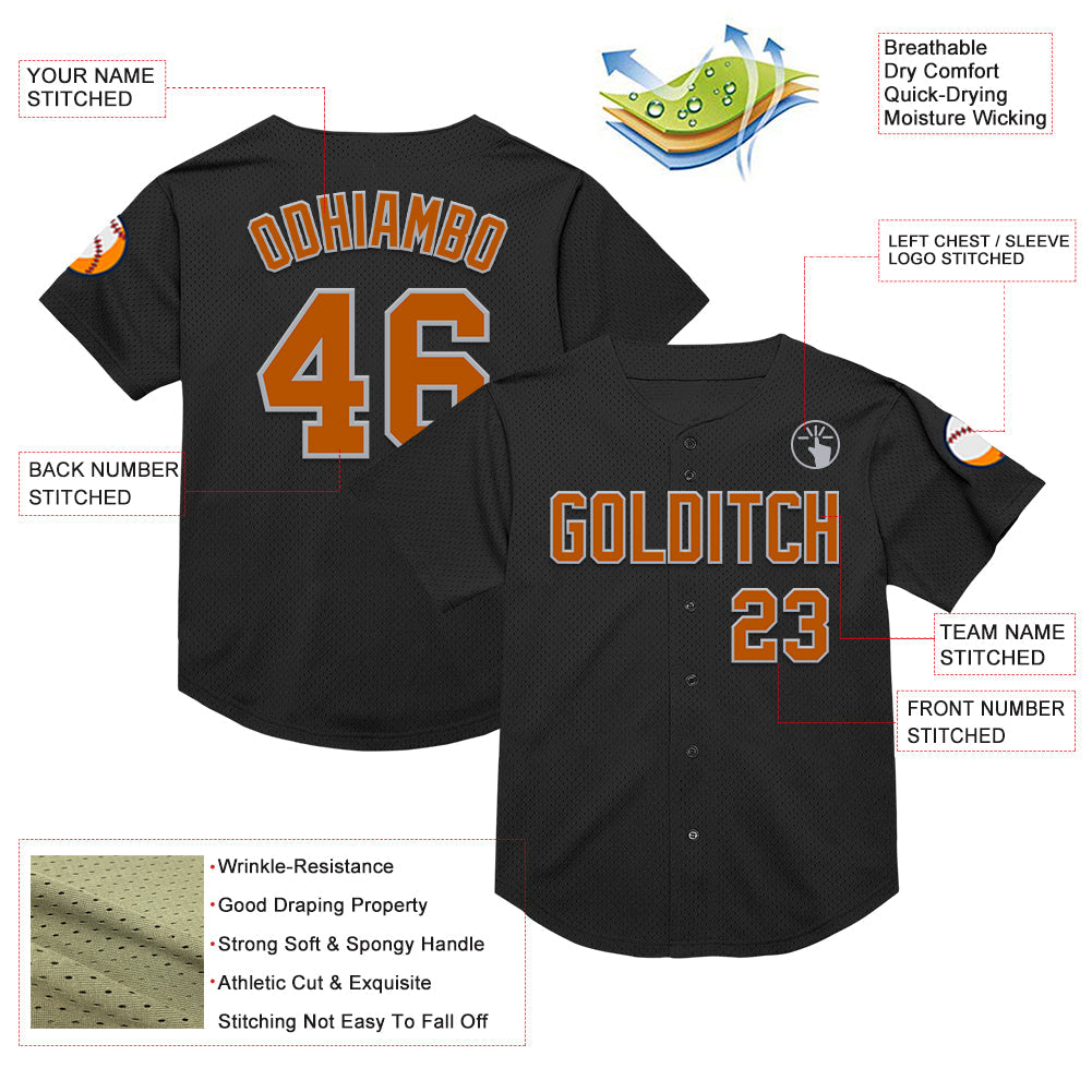 Custom Black Texas Orange-Gray Mesh Authentic Throwback Baseball Jersey - Sky-Custom