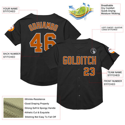 Custom Black Texas Orange-Gray Mesh Authentic Throwback Baseball Jersey - Sky-Custom