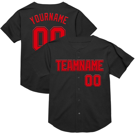 Custom Black Fire Red Mesh Authentic Throwback Baseball Jersey - Sky-Custom