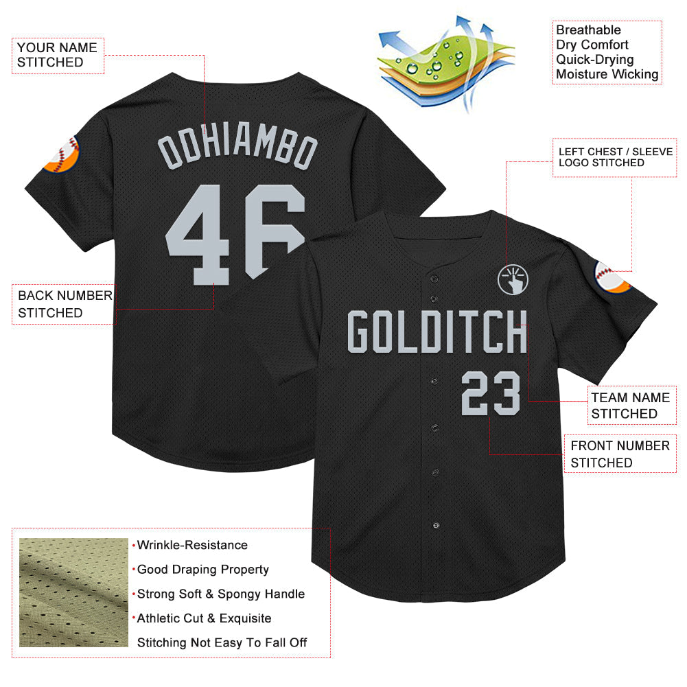 Custom Black Silver Mesh Authentic Throwback Baseball Jersey - Sky-Custom