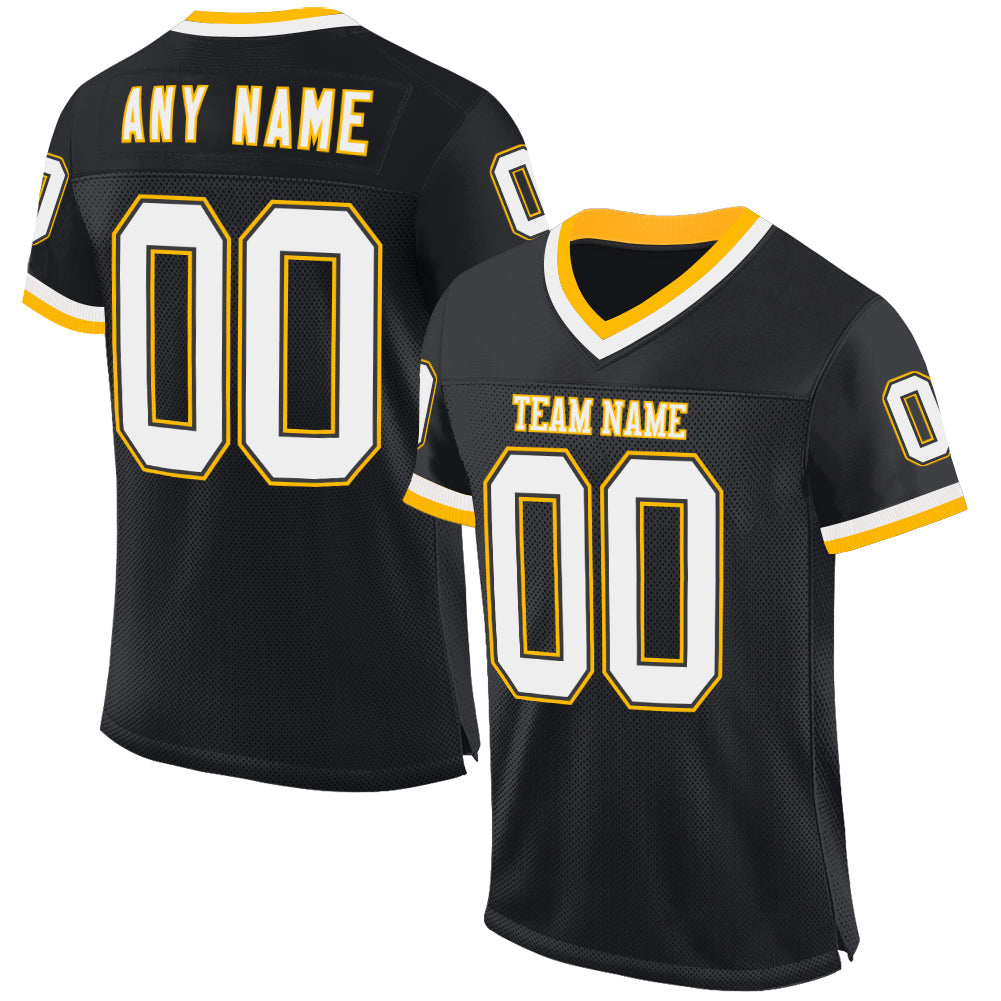 Custom Black White-Gold Mesh Authentic Throwback Football Jersey - Sky-Custom