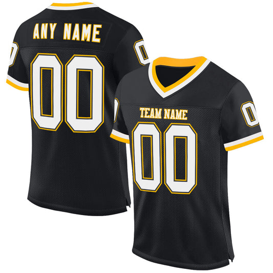 Custom Black White-Gold Mesh Authentic Throwback Football Jersey - Sky-Custom