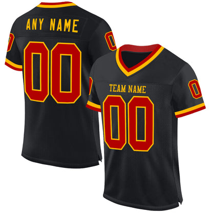 Custom Black Red-Gold Mesh Authentic Throwback Football Jersey - Sky-Custom