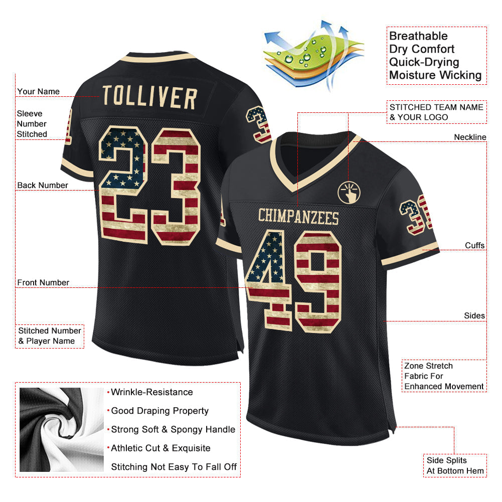 Custom Black Vintage USA Flag-Cream Mesh Authentic Throwback Football Jersey - Sky-Custom