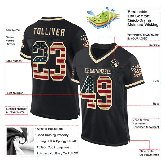 Custom Black Vintage USA Flag-Cream Mesh Authentic Throwback Football Jersey - Sky-Custom