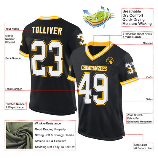 Custom Black White-Gold Mesh Authentic Throwback Football Jersey - Sky-Custom
