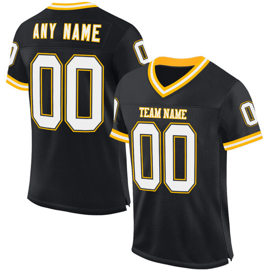 Custom Black White-Gold Mesh Authentic Throwback Football Jersey - Sky-Custom