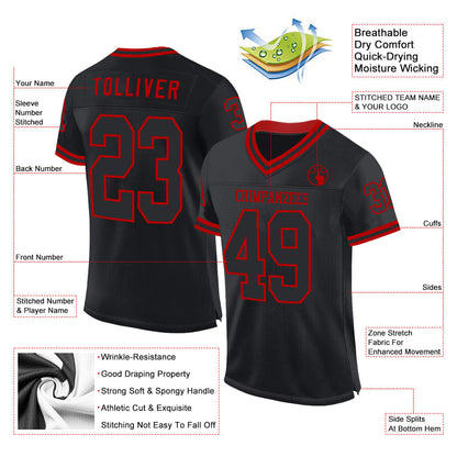 Custom Black Red Mesh Authentic Throwback Football Jersey - Sky-Custom