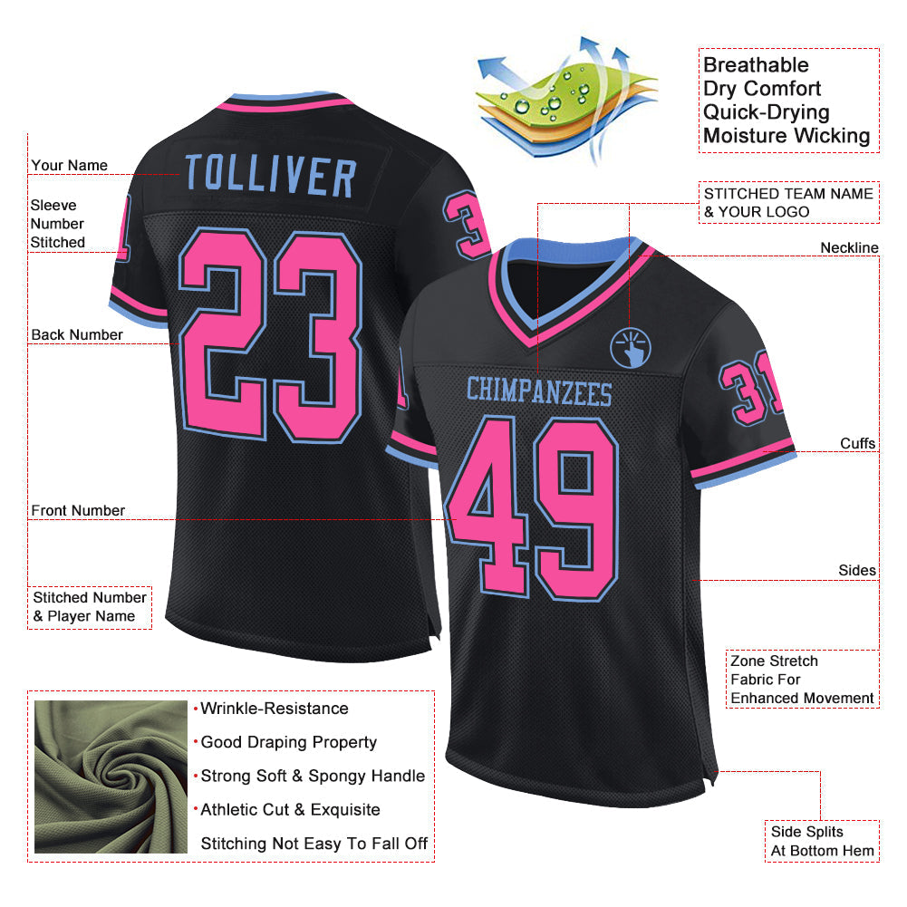 Custom Black Pink-Light Blue Mesh Authentic Throwback Football Jersey - Sky-Custom