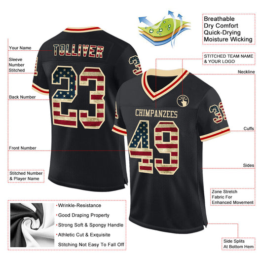 Custom Black Vintage USA Flag Cream-Red Mesh Authentic Throwback Football Jersey - Sky-Custom