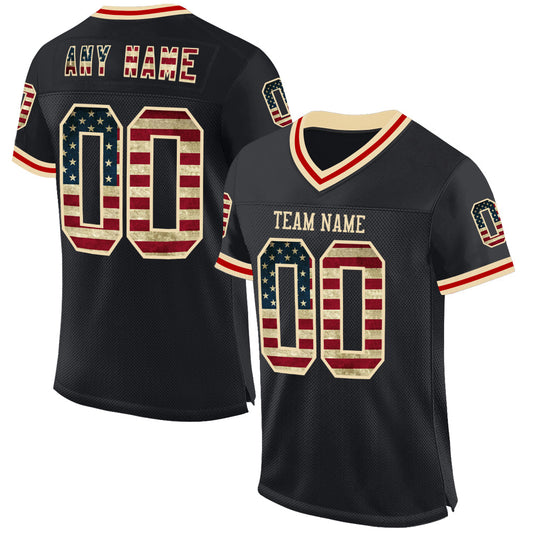 Custom Black Vintage USA Flag Cream-Red Mesh Authentic Throwback Football Jersey - Sky-Custom