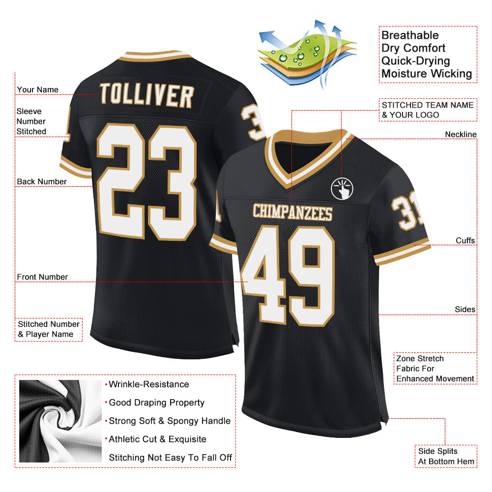 Custom Black White-Old Gold Mesh Authentic Throwback Football Jersey - Sky-Custom