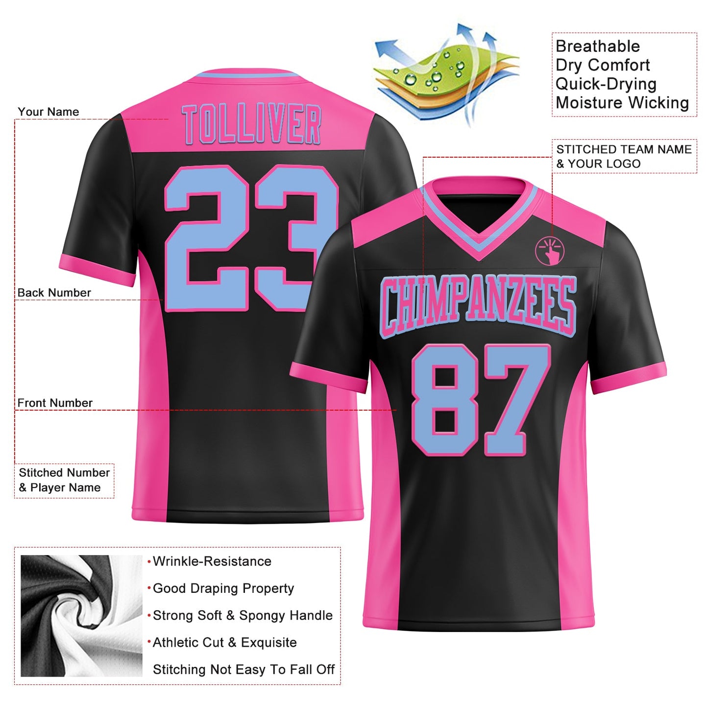 Custom Black Light Blue-Pink Mesh Authentic Football Jersey - Sky-Custom