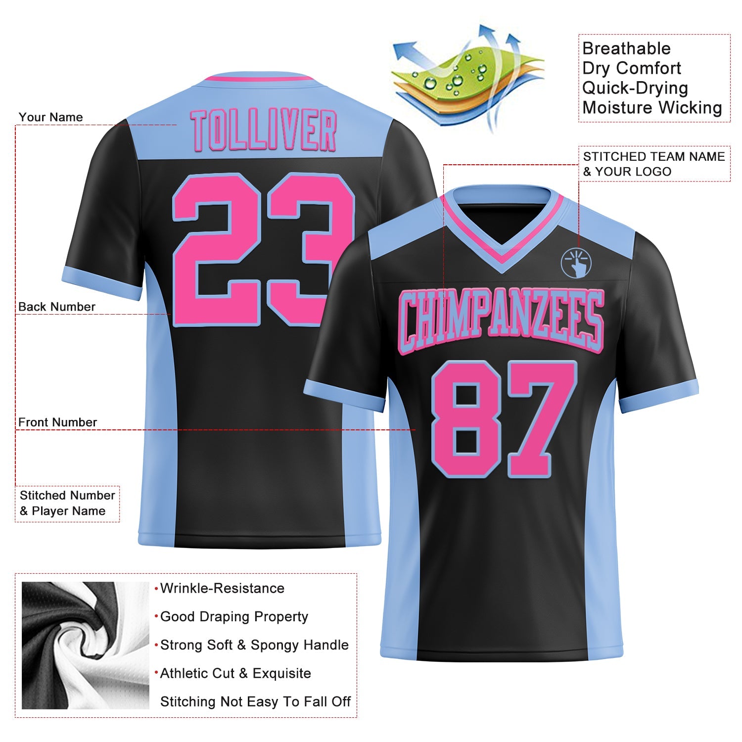 Custom Black Pink-Light Blue Mesh Authentic Football Jersey - Sky-Custom