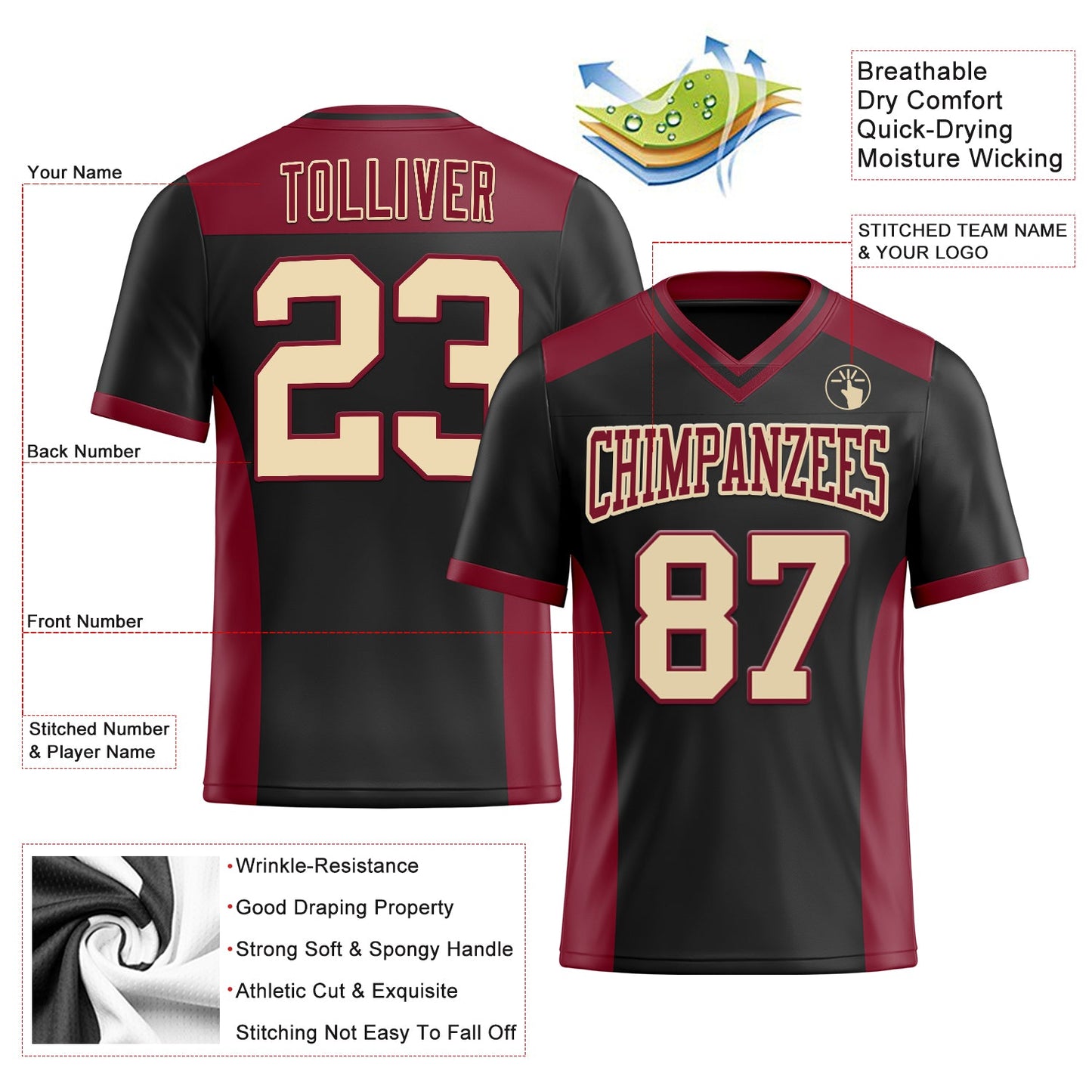 Custom Black Cream-Crimson Mesh Authentic Football Jersey - Sky-Custom