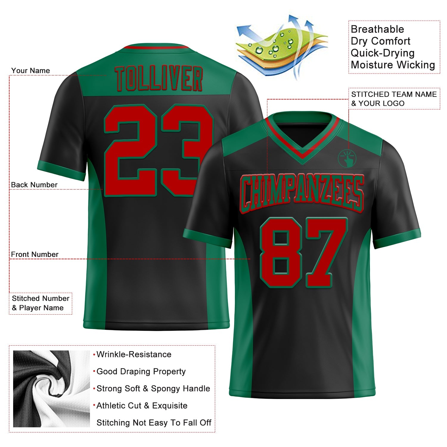 Custom Black Red-Kelly Green Mesh Authentic Football Jersey - Sky-Custom
