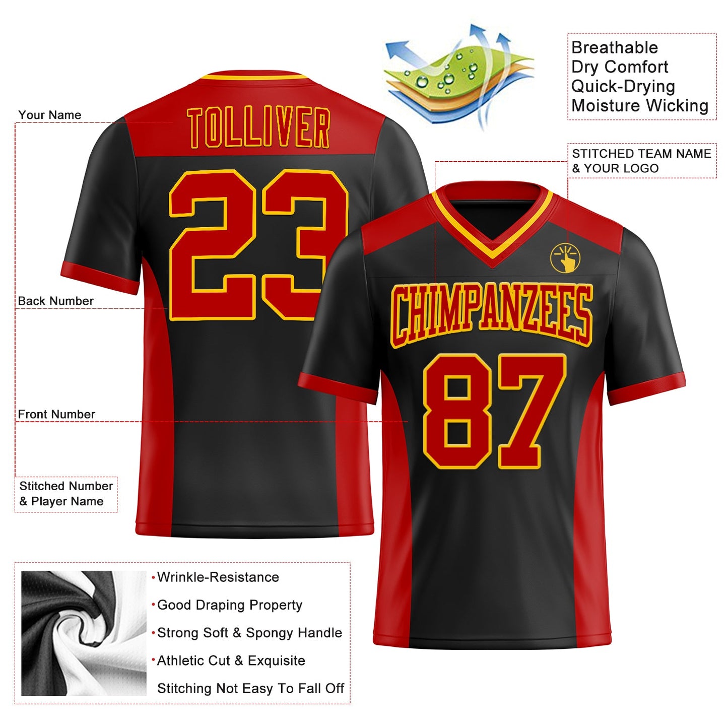Custom Black Red-Yellow Mesh Authentic Football Jersey - Sky-Custom