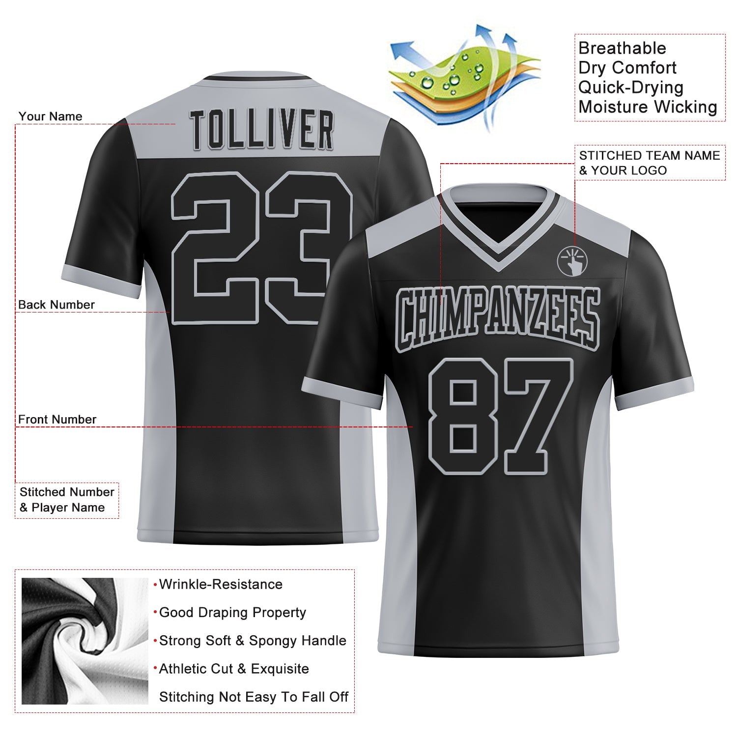 Custom Black Gray Mesh Authentic Football Jersey - Sky-Custom