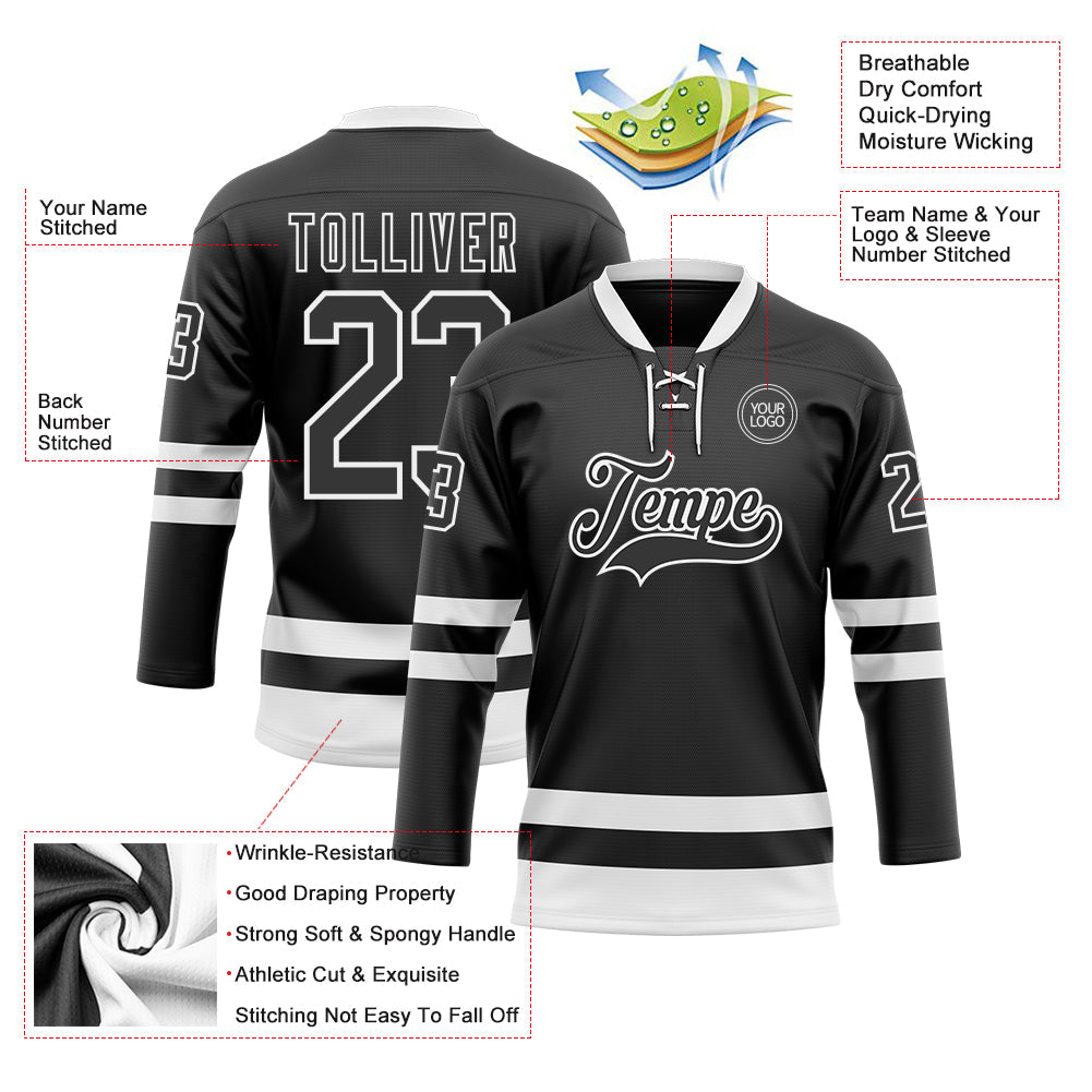 Custom Black White Hockey Lace Neck Jersey - Sky-Custom