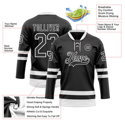 Custom Black White Hockey Lace Neck Jersey - Sky-Custom