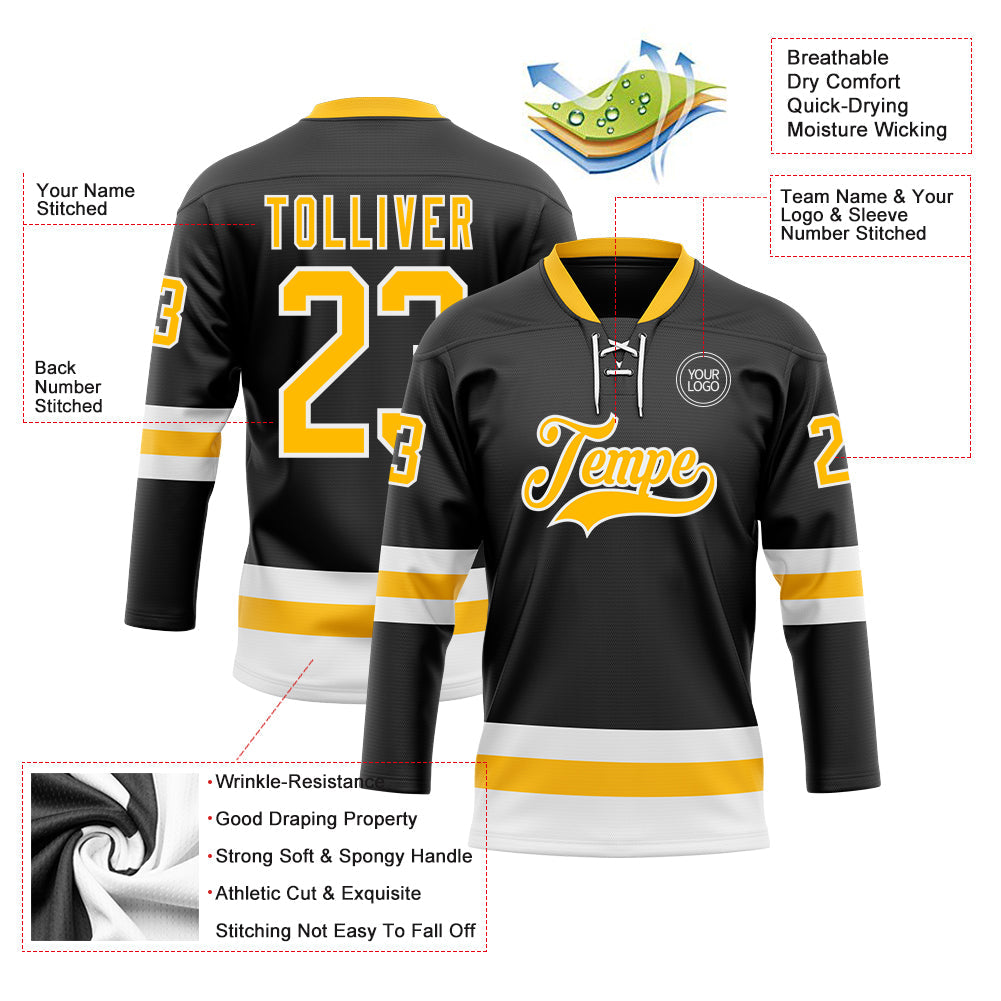 Custom Black Gold-White Hockey Lace Neck Jersey - Sky-Custom