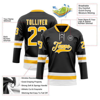 Custom Black Gold-White Hockey Lace Neck Jersey - Sky-Custom