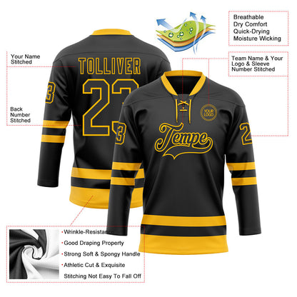 Custom Black Gold Hockey Lace Neck Jersey - Sky-Custom
