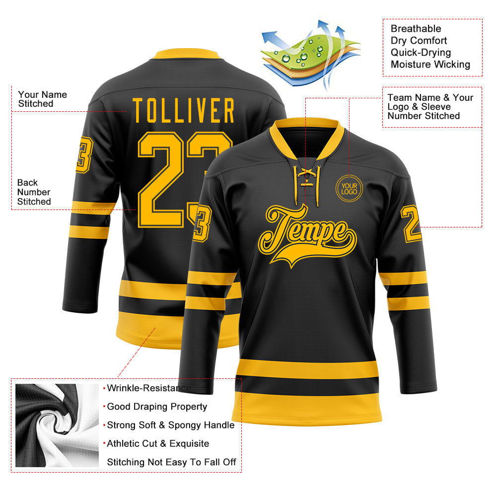 Custom Black Gold Hockey Lace Neck Jersey - Sky-Custom