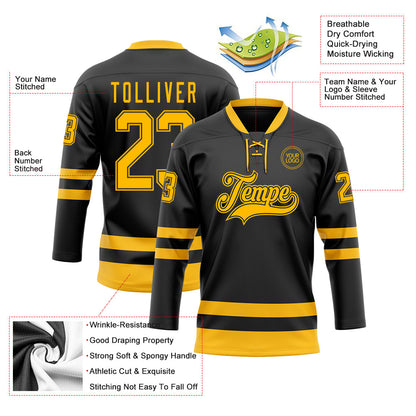 Custom Black Gold Hockey Lace Neck Jersey - Sky-Custom