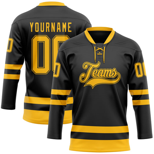 Custom Black Gold Hockey Lace Neck Jersey - Sky-Custom