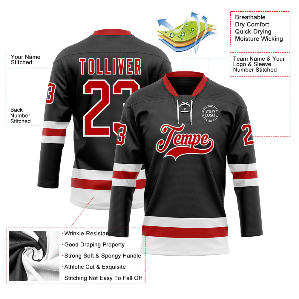 Custom Black Red-White Hockey Lace Neck Jersey - Sky-Custom