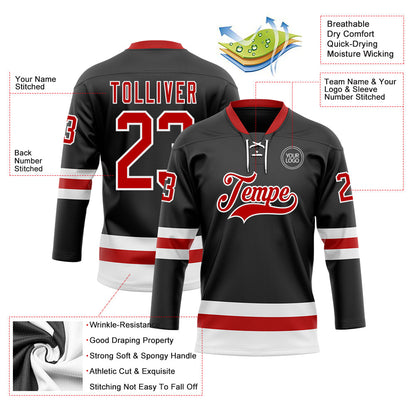 Custom Black Red-White Hockey Lace Neck Jersey - Sky-Custom