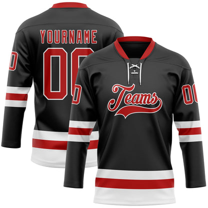 Custom Black Red-White Hockey Lace Neck Jersey - Sky-Custom
