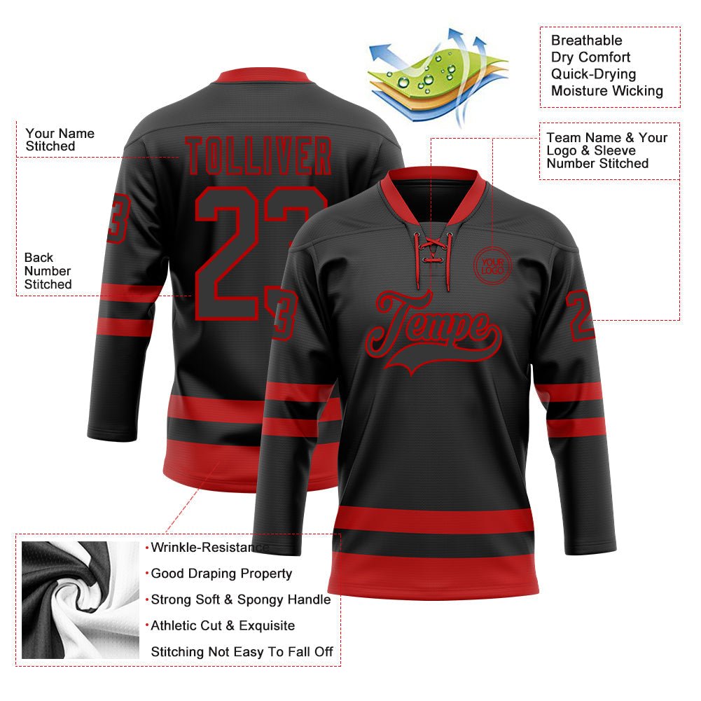 Custom Black Red Hockey Lace Neck Jersey - Sky-Custom