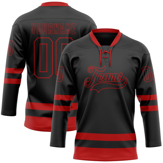 Custom Black Red Hockey Lace Neck Jersey - Sky-Custom