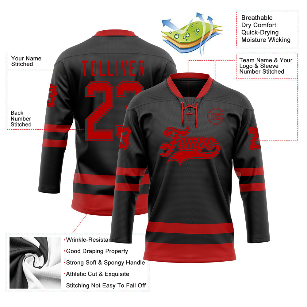 Custom Black Red Hockey Lace Neck Jersey - Sky-Custom