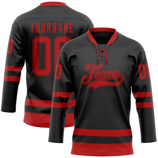 Custom Black Red Hockey Lace Neck Jersey - Sky-Custom
